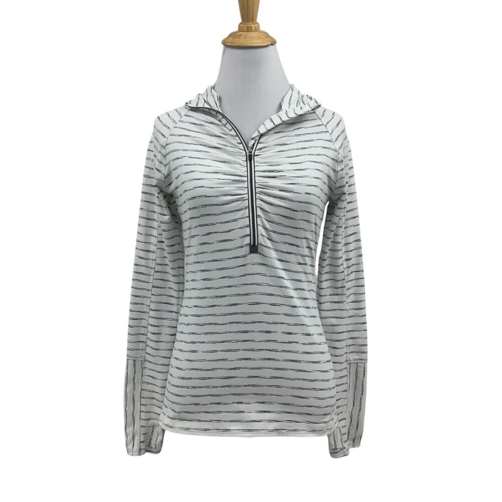 Athleta Shirt Womens Extra Small White Gray Striped Elite Half Zip Long Sleeve